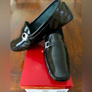 Salvatore Ferragamo chic black patent leather driving loafers. Never worn!